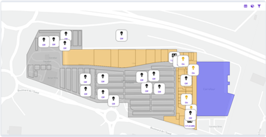 Mapa obiektu z rozmieszczeniem czujników i zużyciem energii na żywo – wdrożenie Sensinov w sklepie sieci Carrefour.